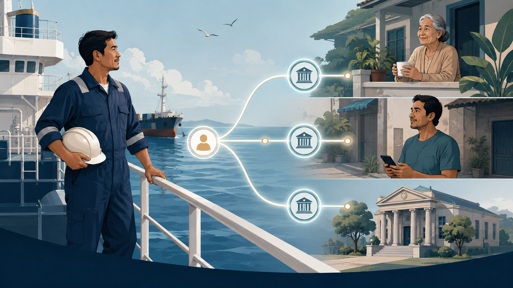 A seafarer's wage allotment connects to different types of beneficiaries through distinct banking destinations.