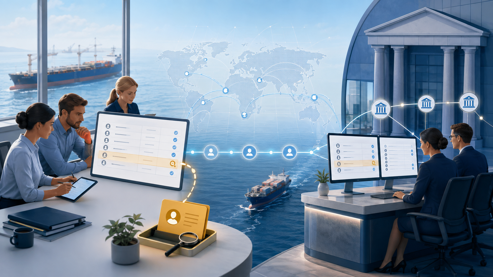 A maritime company reviews crew-linked payment instructions before release, while an international bank applies a separate downstream control.