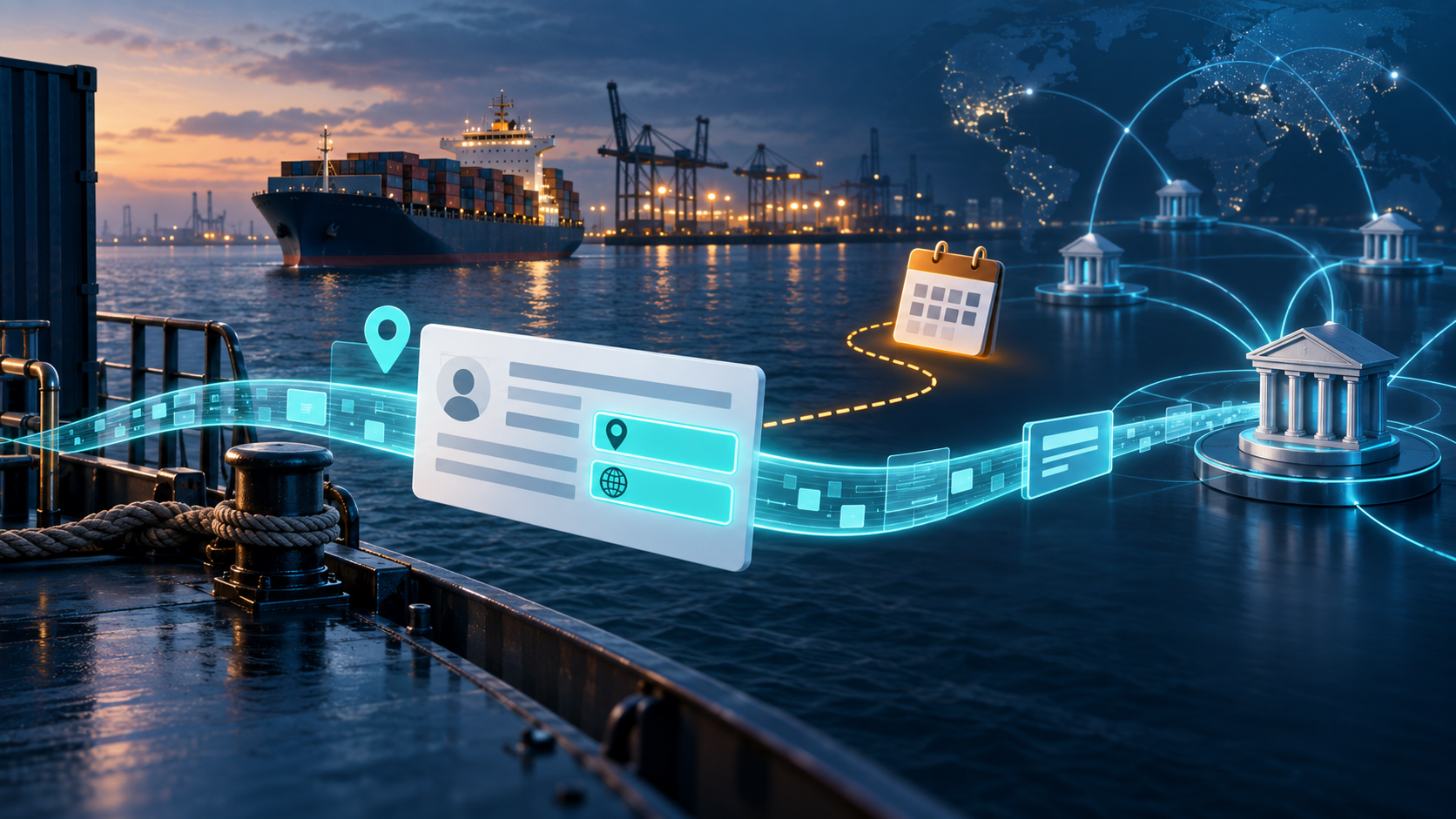 Beneficiary location data travelling from a maritime payment record towards a cross-border banking network while a calendar marker moves aside.